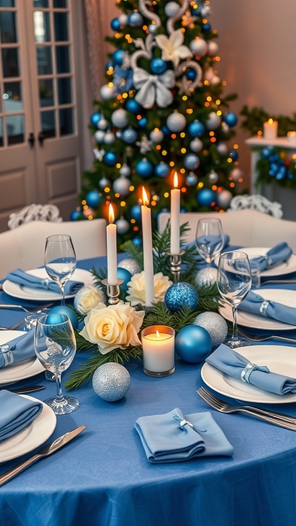 A Christmas table setting with blue decorations, white dinnerware, and candles.